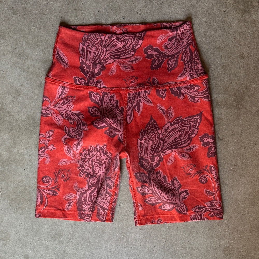 Beyond Yoga Red and Pink Paisley High-Rise Bike Shorts